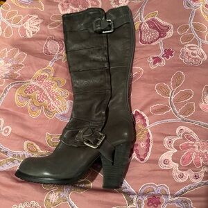Miz Mooz Soren Tall Leather Boots | Grey Buckle Platform Heel | Size 
7.5